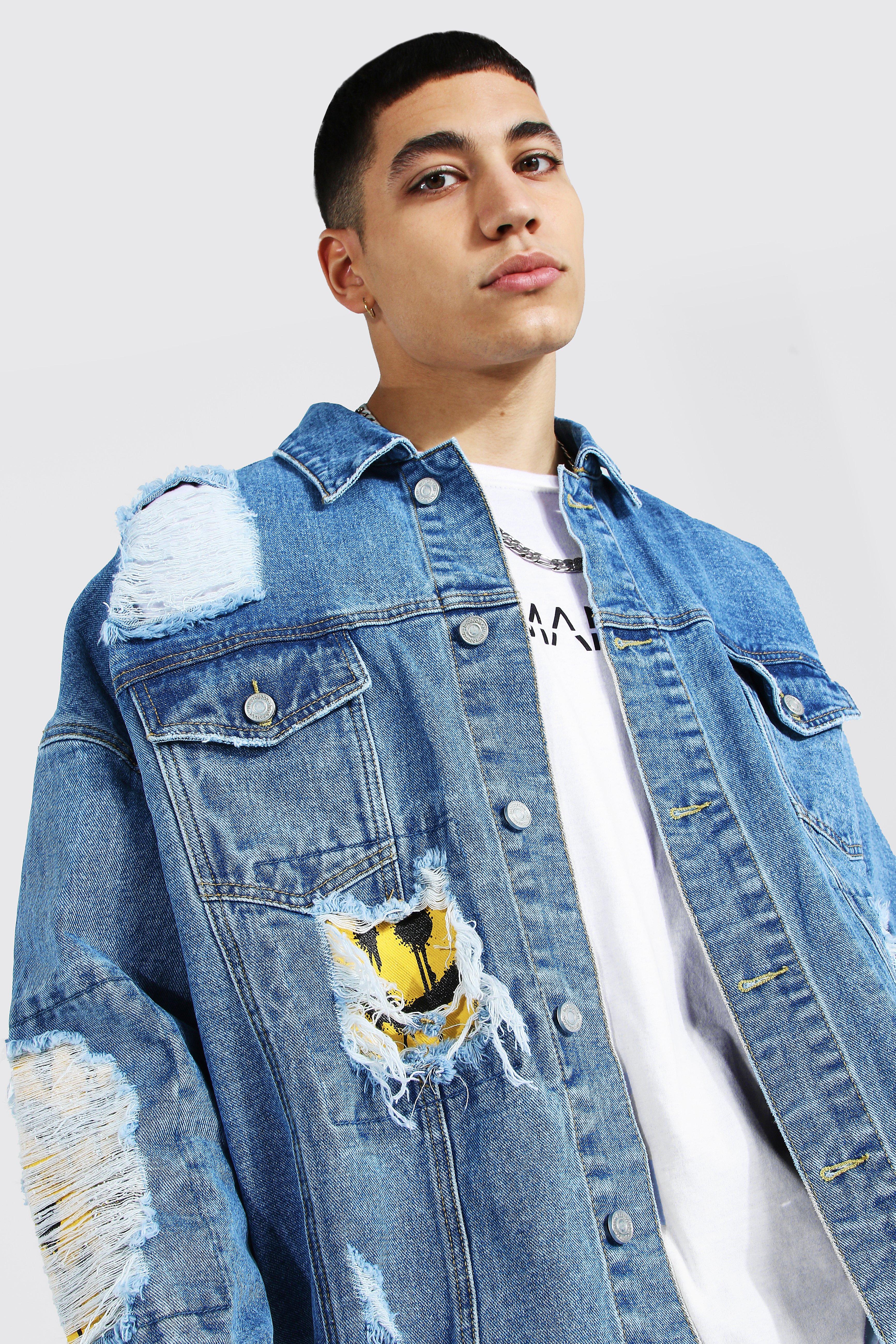 Jean jacket hotsell with rips mens